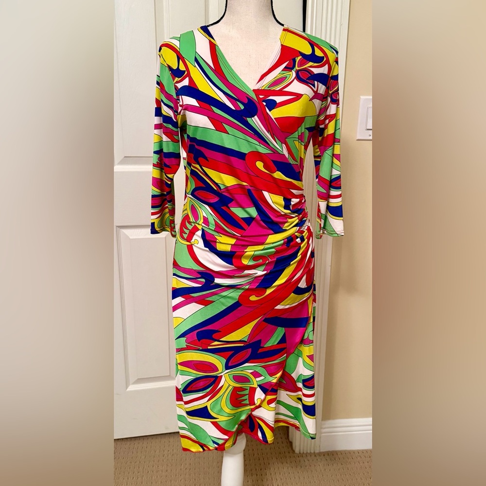 NWT CiaoBella Colorful Abstract Print Long-Sleeve Wrap Dress, Sz M